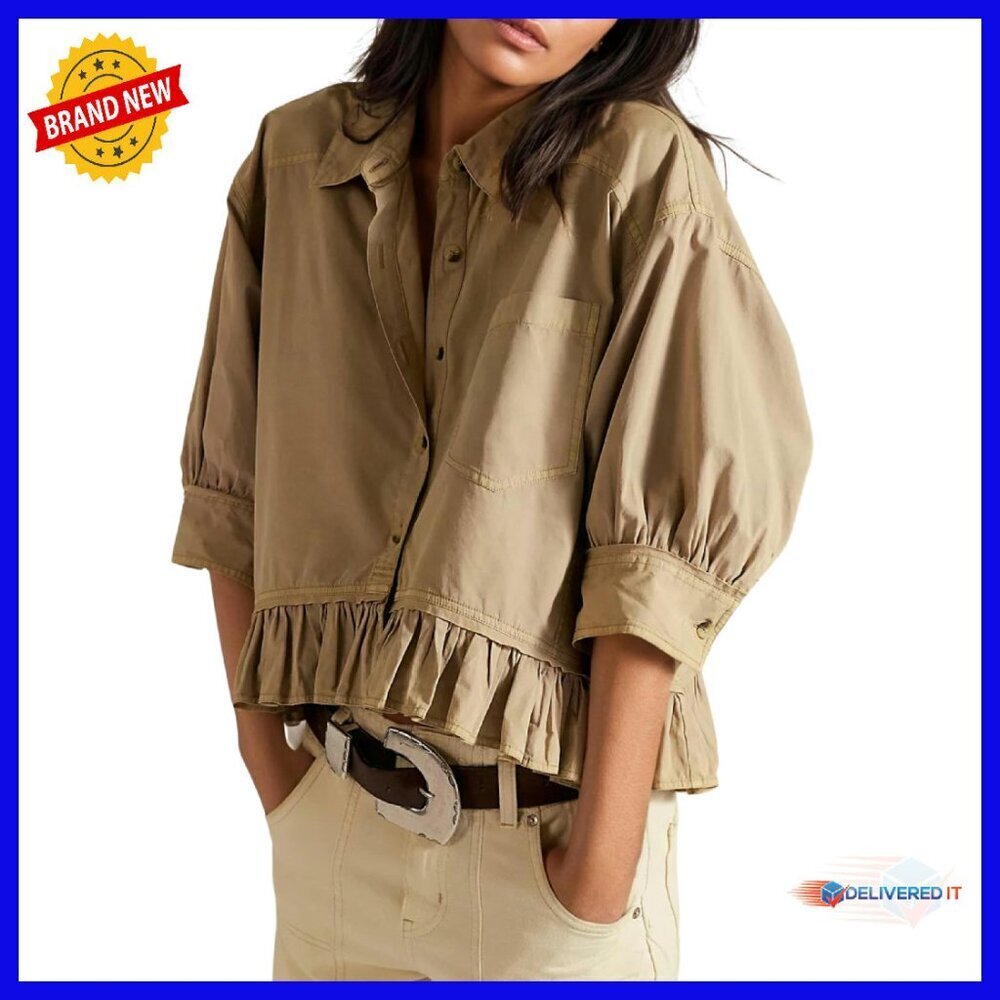 Striped 3/4 Sleeve Button Down Blouse with Ruffled Hem and Pocket